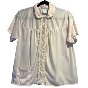 60's Vintage Lingerie Top Duster Jacket Short Sleeve Pale Pink Lace Embroidery